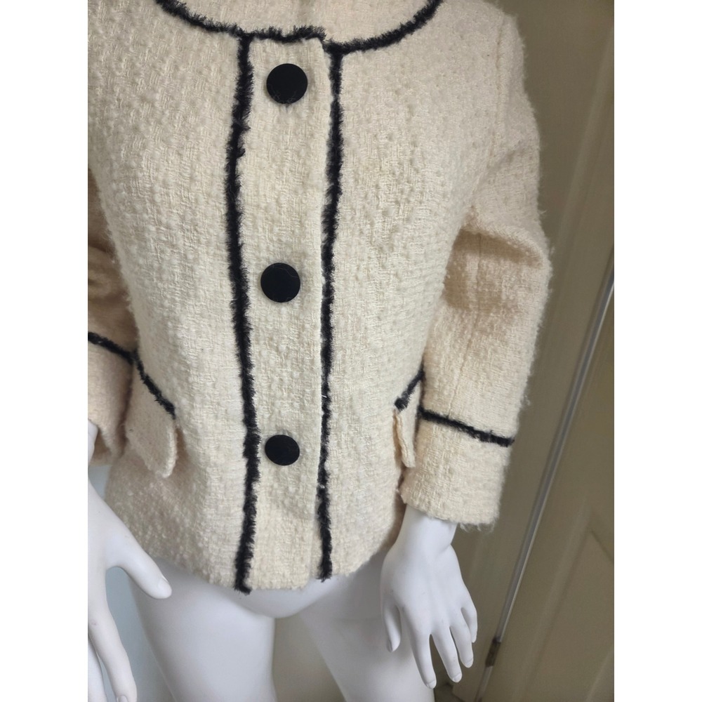 Milly‎ of New York Cream Black Boucle Tweed Wool Blend Jacket Silk Trim Size 6 - Picture 6 of 9